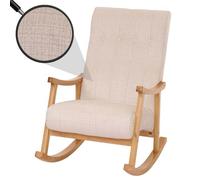 Fauteuil à bascule HWC-K10, relax, bois tissu/textile chenille (465g/m²) ~ crème, piètement naturel
