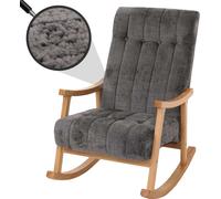 Fauteuil à bascule HWC-K10, relax, bois tissu/textile chenille (465g/m²) ~ gris foncé, piètement naturel
