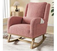 Fauteuil à Bascule, Rocking Chair avec rangement de poche, Chaise à Bascule avec Pieds en Bois Massif, Style Scandinave, Rose