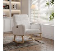 Fauteuil à Bascule - Rocking Chair - Blanc - Tissu en Sherpa - Pieds en Bois Massif - Style Scandinave