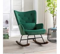 Fauteuil à Bascule Rocking Chair Chaise berçante Allaitement Bébé Tissu en Velours Style Scandinave Bois d'Hévéa, Vert foncé
