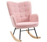 HomCom–Fauteuil à bascule–revêtement effet laine bouclé, structure acier, pieds bois massif–Rose