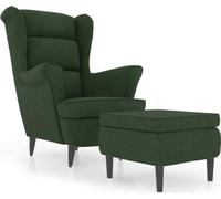 Fauteuil à oreilles avec tabouret vert foncé velours