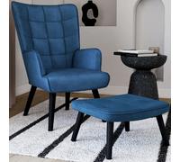 IDMarket Fauteuil scandinave ANIA avec repose-pieds velours bleu