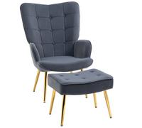 Fauteuil avec repose-pied - HOMCOM - capitonné avec dossier haut - pieds en acier doré et tissu velours - 71 x 77 x 99 cm - gris