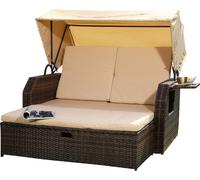Fauteuil-cabine de plage lit soleil polyrattan brun avec toit & coussins