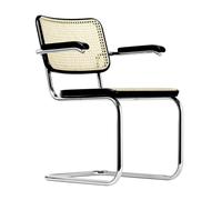 Chaise à piétement luge S 64 chromé ; bois courbé hêtre teinté noir cannage tendu natur 58x83x61 cm