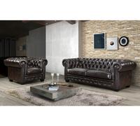 Fauteuil chesterfield BRENTON 100% cuir de buffle - Marron reflets châtains
