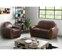 Fauteuil club 100% cuir vieilli BAUDOIN - Marron