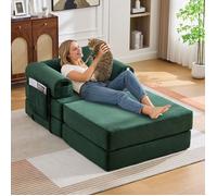 Fauteuil compressé 1 place en velours côtelé vert émeraude avec pouf, coussin, poche latérale et structure métal