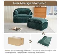 Fauteuil compressé vert foncé en tissu avec pouf, velours côtelé, sans montage