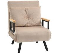 Fauteuil convertible 3 en 1 chauffeuse lit dossier réglable coussin accoudoirs bois velours beige Beige G