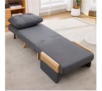 Fauteuil convertible 3-en-1 gris en tissu aspect lin, dossier réglable 5 positions, accoudoirs en rotin