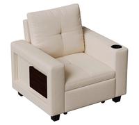 Fauteuil convertible - Canapé 3 en 1 - Lit simple escamotable - Dossier réglable en 5 positions - Station de recharge - Table d'appoint rabattable - Revêtement en velours beige