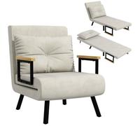 Fauteuil convertible 3 en 1 chauffeuse lit dossier réglable coussin accoudoirs bois velours crème Blanc G