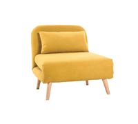 Fauteuil convertible scandinave en tissu effet velours jaune moutarde et bois clair AMIKO