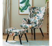 Fauteuil d'angle HomeMiYN avec coussin et tabouret inclus - Canapé simple de salon en tissu vert fleuri tropical