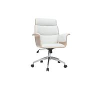 Fauteuil de bureau à roulettes design blanc, bois clair et acier chromé ELON