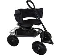 Fauteuil de jardin mobile Relaxdays, réglable en hauteur, 150 kg, espace de rangement, guidon, coussin d'assise, dossier, chariot de jardin, noir