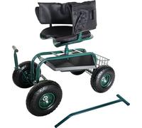 Fauteuil de jardin mobile Relaxdays, réglable en hauteur, 150 kg, espace de rangement, guidon, coussin d'assise, dossier, chariot de jardin, vert