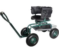 Fauteuil de jardin mobile Relaxdays, réglable en hauteur, 150 kg, espace de rangement, guidon, coussin d'assise, dossier, chariot de jardin, vert