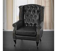 Fauteuil de luxe à oreilles Chesterfield similicuir noir sans pouf