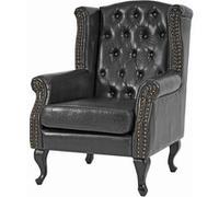 Fauteuil de luxe à oreilles Chesterfield similicuir noir sans pouf