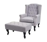 Fauteuil de luxe Chesterfield, fauteuil à oreilles, tissu hydrofuge gris avec ottomane