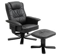 Fauteuil de relaxation CHARLY avec repose-pieds pouf, siège pivotant et dossier inclinable, assise rembourrée confortable et relax, revêtement synthétique noir et pieds en contreplaqué laqué noir