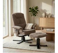 IDIMEX Fauteuil de Relaxation CHALRY avec Repose-Pieds Pouf, siège pivotant et Dossier inclinable, Assise rembourrée Confortable et Relax, revêtement en Tissu Brun et Pieds Noirs