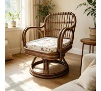 Fauteuil de Salon,Pivotant à 360° en Bambou et Rotin,avec Coussin en Mousse Haute Densité,Design Japonais Rétro et Motifs Floraux,pour Salon,Chambre ou Balcon A