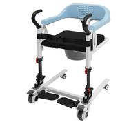 Fauteuil de transfert mobile avec système de levage - dossier divisible à 180° - 4 roues avec freins - hauteur réglable de 82 à 96 cm - capacité maximale de 120 kg - couleur : bleu