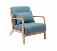 Fauteuil design en bois et tissu. 1 place droit fixe. pieds compas scandinave. assise confortable. structure en bois solide. bleu