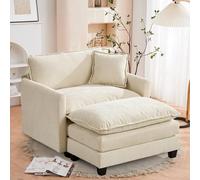 Fauteuil en chenille beige avec pouf, double coussins et accoudoirs | Tissu doux, résistant et respirant, fourni avec coussins et accoudoirs. Idéal pour salon, chambre et appartement.
