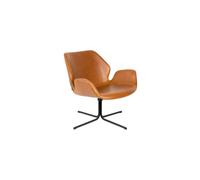 Fauteuil en cuir PU marron, lounge, pivotant, avec accoudoirs, pied en acier noir poudré - Zuiver, Lazy - 79x75x78 cm