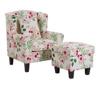 Beliani Fauteuil Bergère en Tissu Beige Clair Motif Floral Multicolore avec Repose-Pied Assorti Confortable pour Salon ou Coin Lecture Traditionnel