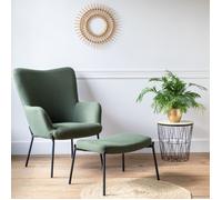 Happy Garden Fauteuil EIRA en tissu bouclé vert kaki avec repose-pieds