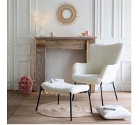 Happy Garden Fauteuil EIRA – Tissu bouclette écru avec repose-pieds, piétement en métal
