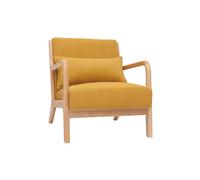 Fauteuil en tissu effet velours jaune moutarde et bois clair massif derry