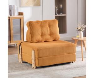 Fauteuil en Velours Côtelé Nordique,Canapé-Lit Pliant,Dossier Matelassé | 90x86x84cm,Fauteuil à Accoudoirs Convertible,Texture Rayée,Cadre Bois Massif,Chambre,Petits Appartement,Bureau,Orange,Moderne