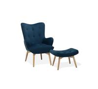 Fauteuil et repose-pieds en velours bleu - BELIANI - VEJLE - Vintage - Avec accoudoirs - Relaxation