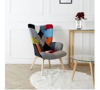 HOME DECO FACTORY - Fauteuil Patchwork Multicolore Design Scandinave - Confortable pour Salon/Salle à Manger - Structure Bois - Tissu Polyester - 66 x 99,5 x 72 cm - Orange - Collection Helsinki