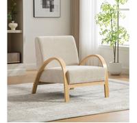 Fauteuil lounge en chenille avec dossier et pieds en bois, style scandinave, beige