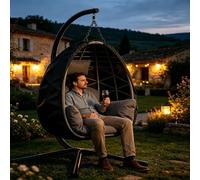 Fauteuil Oeuf Suspendu Épais Coussin de Siège et Appui-tête Housse Anti-Pluie Hauteur Réglable Structure Stable Pliable et Amovible Chaise Balançoire en Rotin Synthétique Intérieur et Extérieur (Gris)