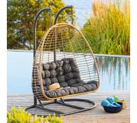 Fauteuil oeuf suspendu sur pied AJAR Ardoise 2 places - Acier traité époxy, Résine tressée synthétique, Polyester Hespéride
