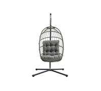 Fauteuil suspendu en rotin gris, balancelle de jardin, pliable, coussin de 15 cm, structure en acier, capacité de charge de 150 kg, pour l'extérieur et l'intérieur, terrasse, balcon, résistant aux UV,