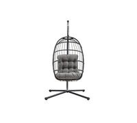 Fauteuil suspendu noir en rotin, balancelle de jardin, pliable, coussin de 15 cm, structure en acier, capacité de charge de 150 kg, pour l'extérieur et l'intérieur, terrasse, balcon, résistant aux UV,