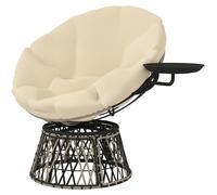Fauteuil Papa en rotin PE, pivotant à 360°, Ø 90 cm, beige, coussin de 10 cm d'épaisseur, table d'appoint intégrée, résistant aux intempéries