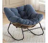 Fauteuil Papasan à Bascule - avec Assise Rembourrée et Structure Métal - en Chenille Bleue - 83 × 95 × 107 cm