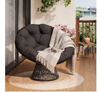 Fauteuil Papasan pivotant 360° avec coussin rotin anti-éclaboussures pour balcon terrasse salon intérieur extérieur Noir + Gris